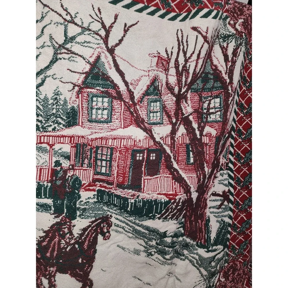 Beautiful Winter Scene Woven‎ Blanket Horse Sled Barn Snow
